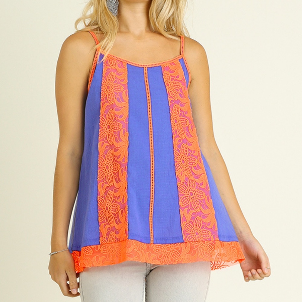 Umgee Festival Neon Electric Blue Orange Embroidered Lace Tank Top Size S M L - Picture 1 of 4